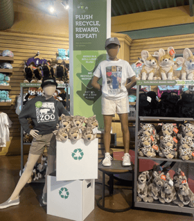 A display of stuffed animals and a mannequin

Description automatically generated